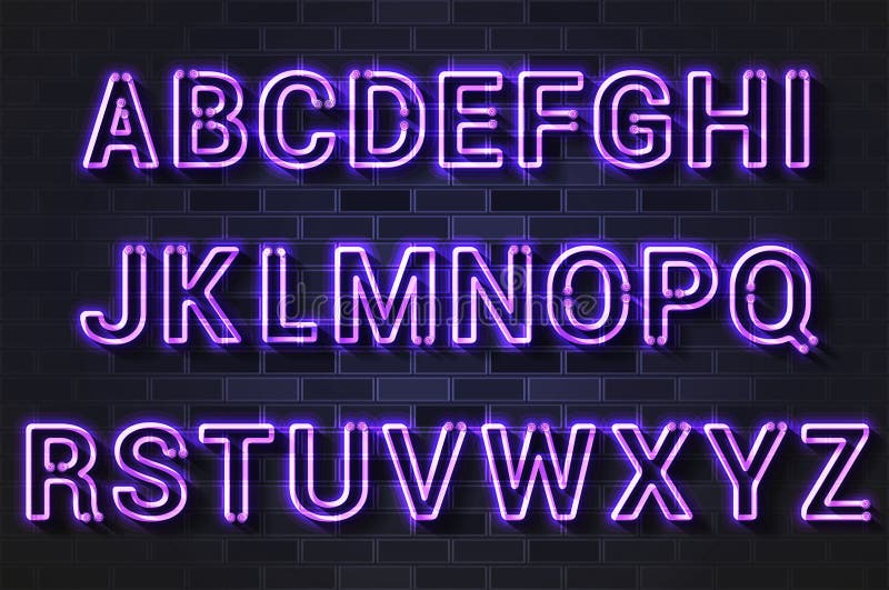 Alfanetto di una lampada di neon viola su una parete di mattoni neri illustrazione vettoriale