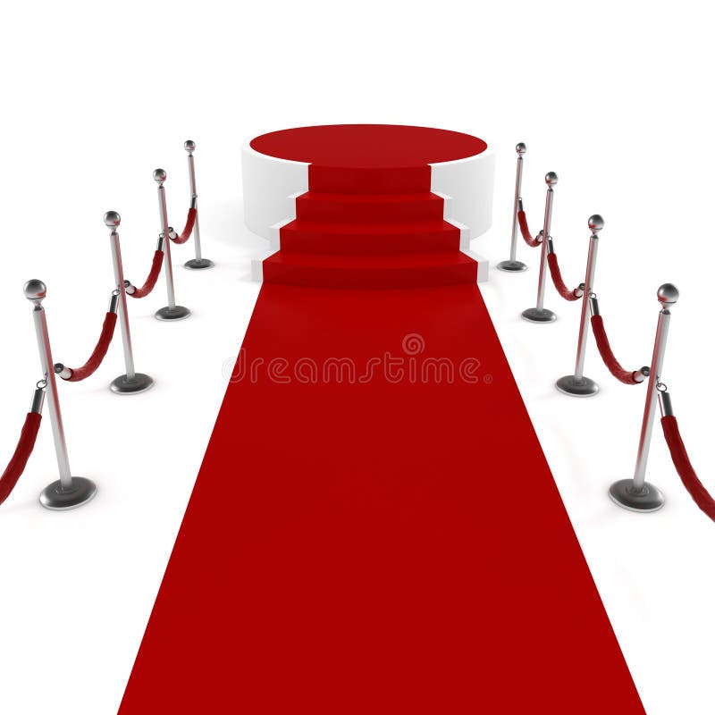 Concepto de éxito. silla de ruedas vacía sobre una alfombra roja con cuerda  de barrera sobre un fondo blanco. representación 3d