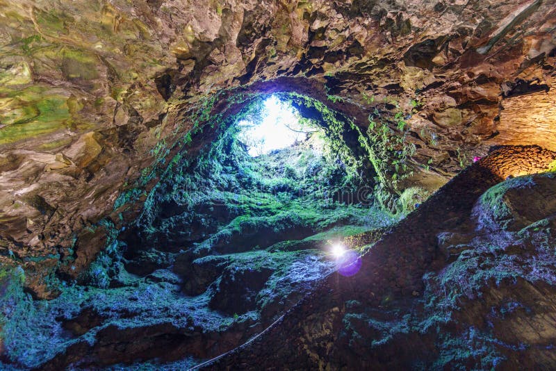 Ultra wide angle of the entrance to Algar do Carvao Caves, Terceira Island, Azores, Portugal