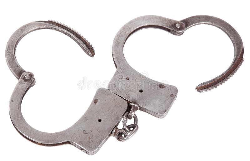 Handcuffs closeup, isolated white background. Handcuffs closeup, isolated white background