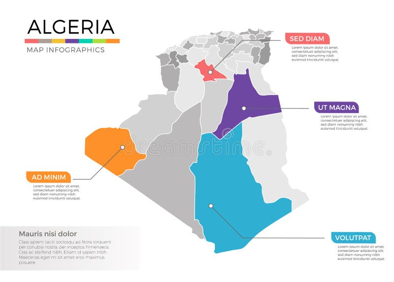 Algeria map infographics vector template with regions and pointer marks vector illustration