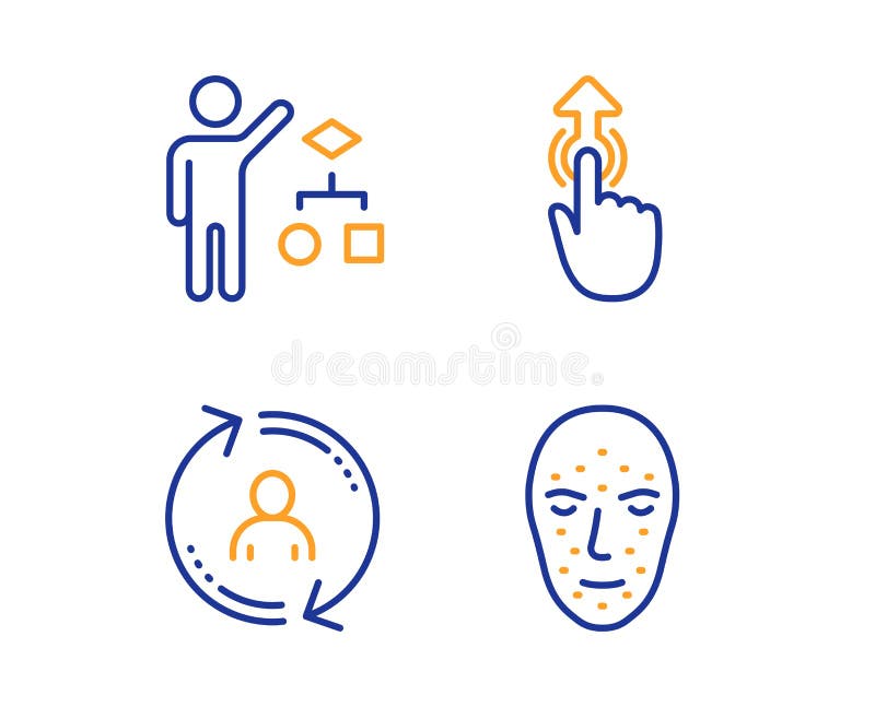 Algorithm, Swipe up and User info icons set. Face biometrics sign. Vector stock illustration