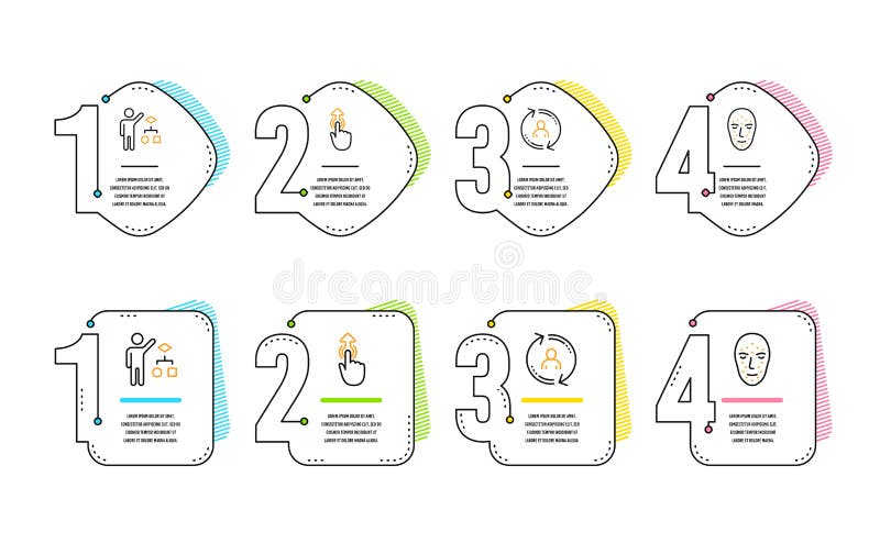 Algorithm, Swipe up and User info icons set. Face biometrics sign. Vector royalty free illustration
