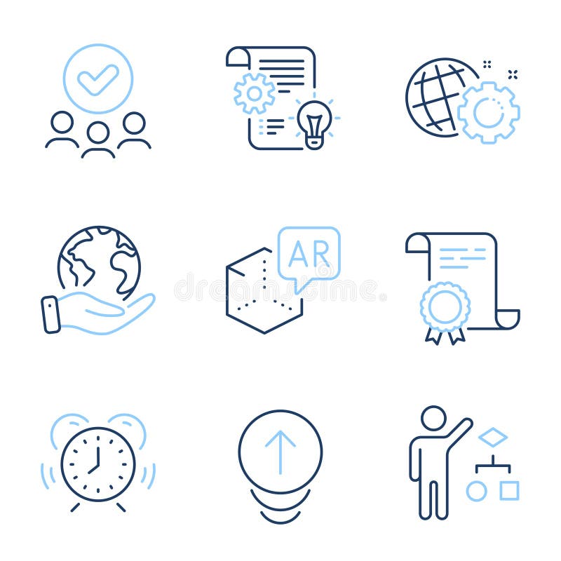 Algorithm, Time management and Augmented reality icons set. Swipe up, Seo gear and Cogwheel signs. Vector stock illustration