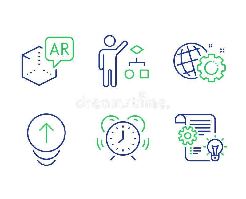 Algorithm, Time management and Augmented reality icons set. Swipe up, Seo gear and Cogwheel signs. Vector vector illustration
