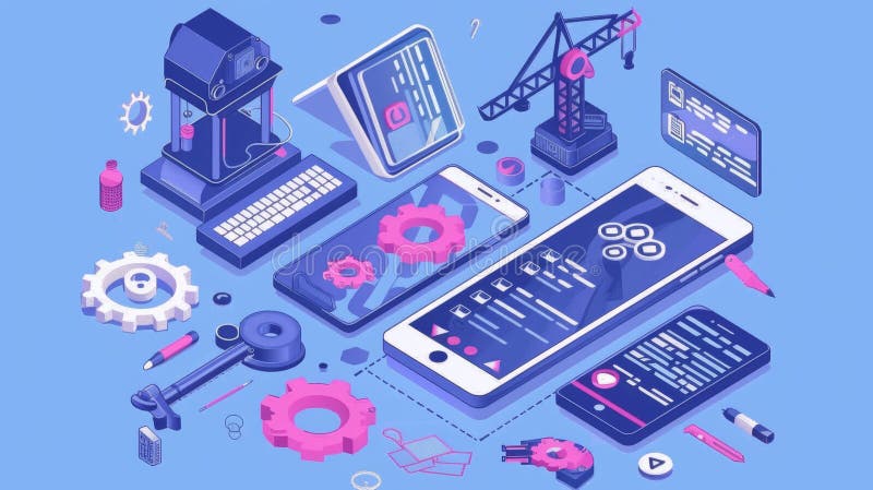 The algorithm update isometric landing page. Programming and digital optimization for smartphones and computers stock images