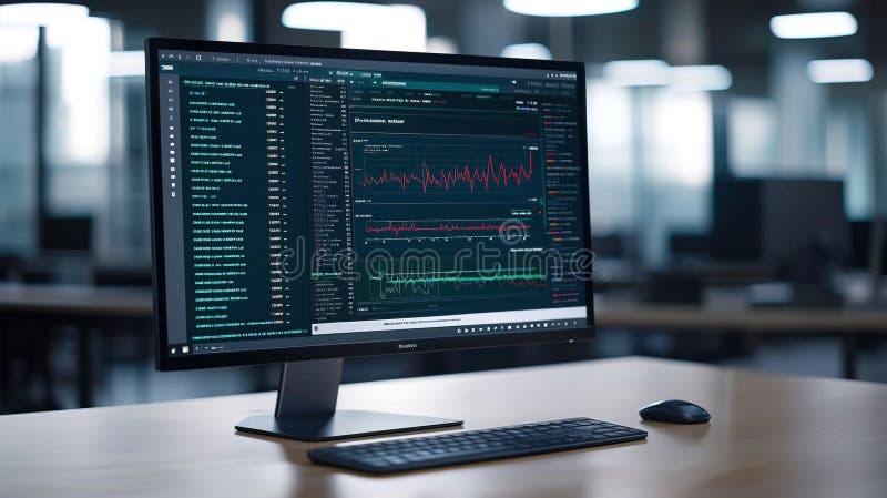 Algorithme d'apprentissage visuel sur l'écran d'ordinateur. Un moniteur informatique élégant affichant des données visualisées et des algorithmes d'apprentissage présentant des analyses et des tendances complexes dans un environnement de travail moderne