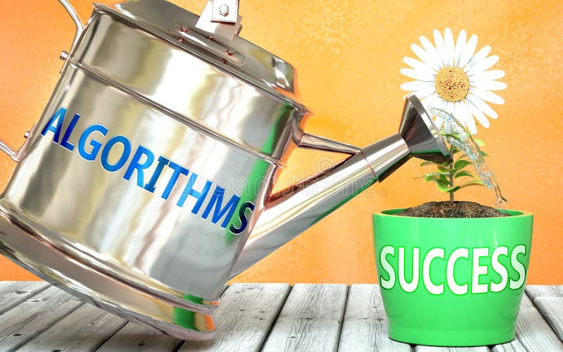 Algorithms helps achieving success - pictured as word Algorithms on a watering can to symbolize that Algorithms makes success grow and it is essential for profit in life and business, 3d illustration. Algorithms helps achieving success - pictured as word Algorithms on a watering can to symbolize that Algorithms makes success grow and it is essential for profit in life and business, 3d illustration.