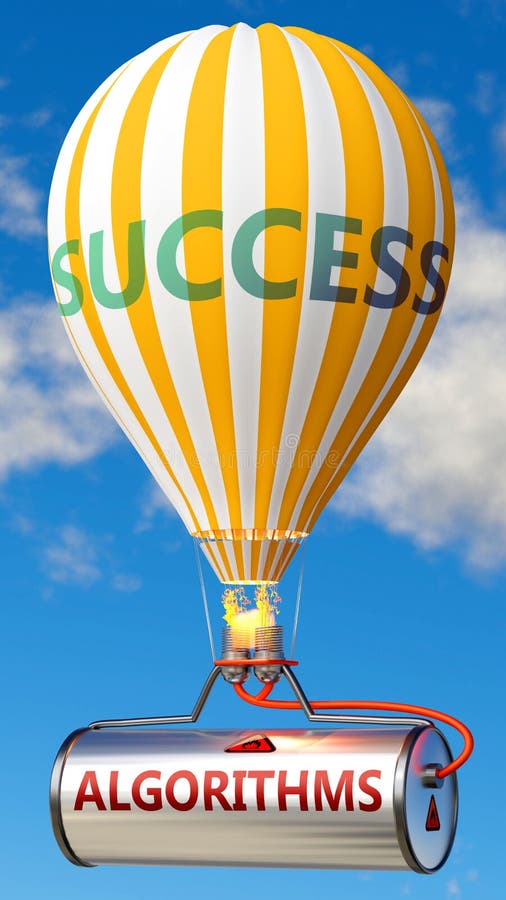 Algorithms and success - shown as word Algorithms on a fuel tank and a balloon, to symbolize that Algorithms contribute to success in business and life, 3d illustration. Algorithms and success - shown as word Algorithms on a fuel tank and a balloon, to symbolize that Algorithms contribute to success in business and life, 3d illustration