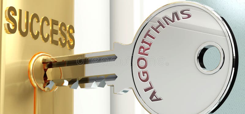 Algorithms and success - pictured as word Algorithms on a key, to symbolize that Algorithms helps achieving success and prosperity in life and business, 3d illustration. Algorithms and success - pictured as word Algorithms on a key, to symbolize that Algorithms helps achieving success and prosperity in life and business, 3d illustration.