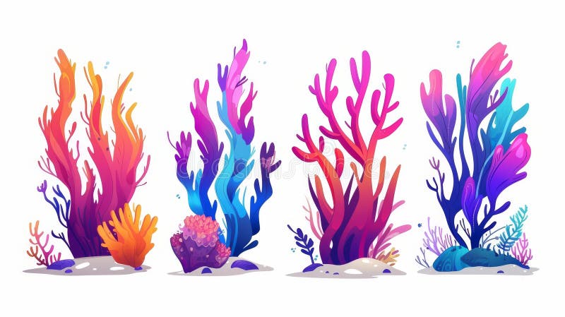 Colorful seaweeds isolated on a white background. Coral reef, exotic plants growing on sand, underwater plants, aquarium elements.. AI generated. Colorful seaweeds isolated on a white background. Coral reef, exotic plants growing on sand, underwater plants, aquarium elements.. AI generated