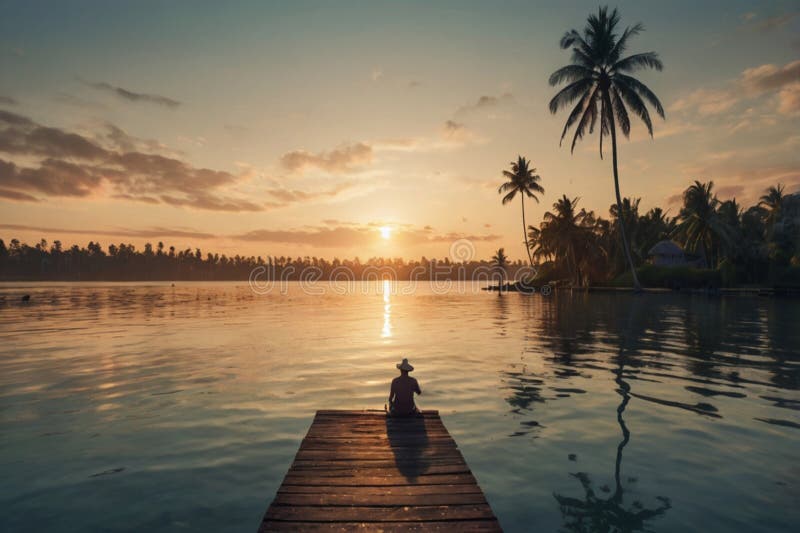 Alguien está sentado en la playa disfrutando de la puesta de sol.