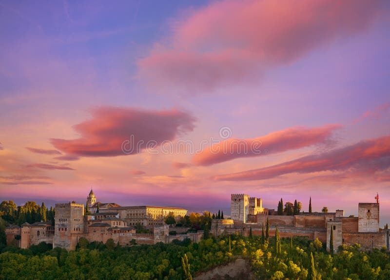 Alhambra Sunset in Granada of Spain Stock Image Image of ancient