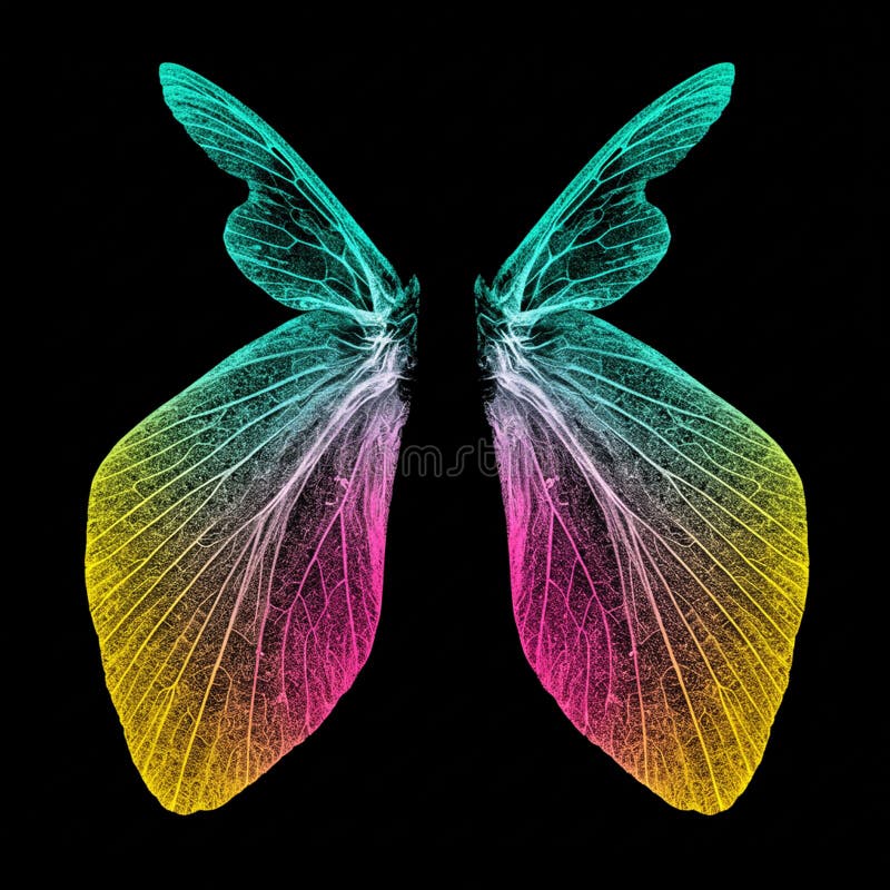 Ali simmetriche di farfalla rese digitalmente su sfondo nero. Le ali illustrazione vettoriale