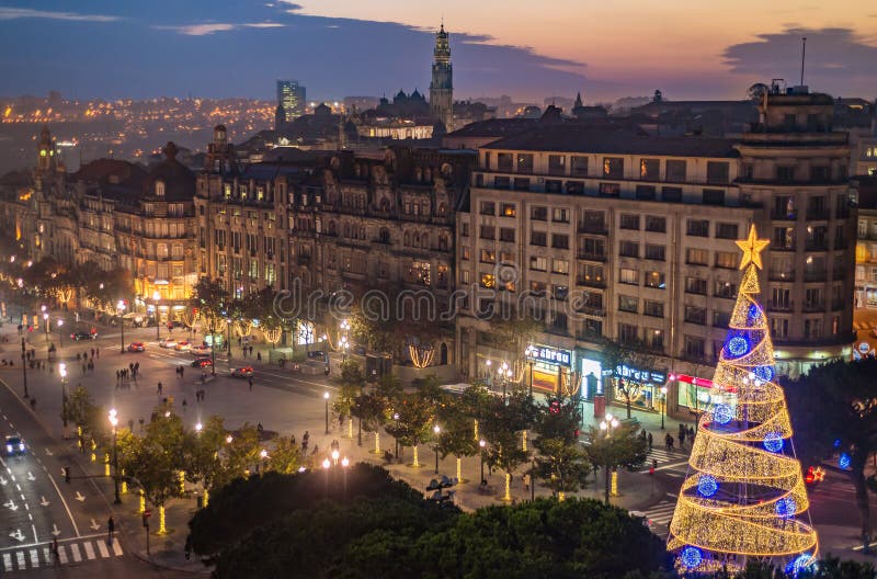 Download Aerial View Of Aliados / Liberdade Square And Clerigos Tower Town Of Porto. Sunset View With Winter Christmas Tree, Lisbon Editorial Image - Image of house, 2017: 69311920