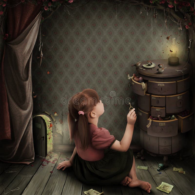 Girl in dark room with small door. Greeting card or poster. Computer Graphics. Girl in dark room with small door. Greeting card or poster. Computer Graphics.