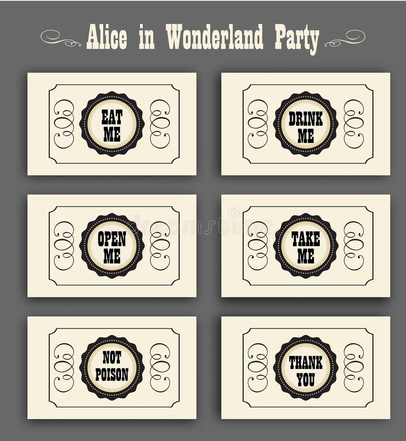 Alice No Grupo Do Vetor Do Pais Das Maravilhas Com Etiquetas Come Me Bebe Me Abre Me Nao Envenena Obrigado Ideal Para A Decor Ilustracao Do Vetor Ilustracao De Projeto Partido