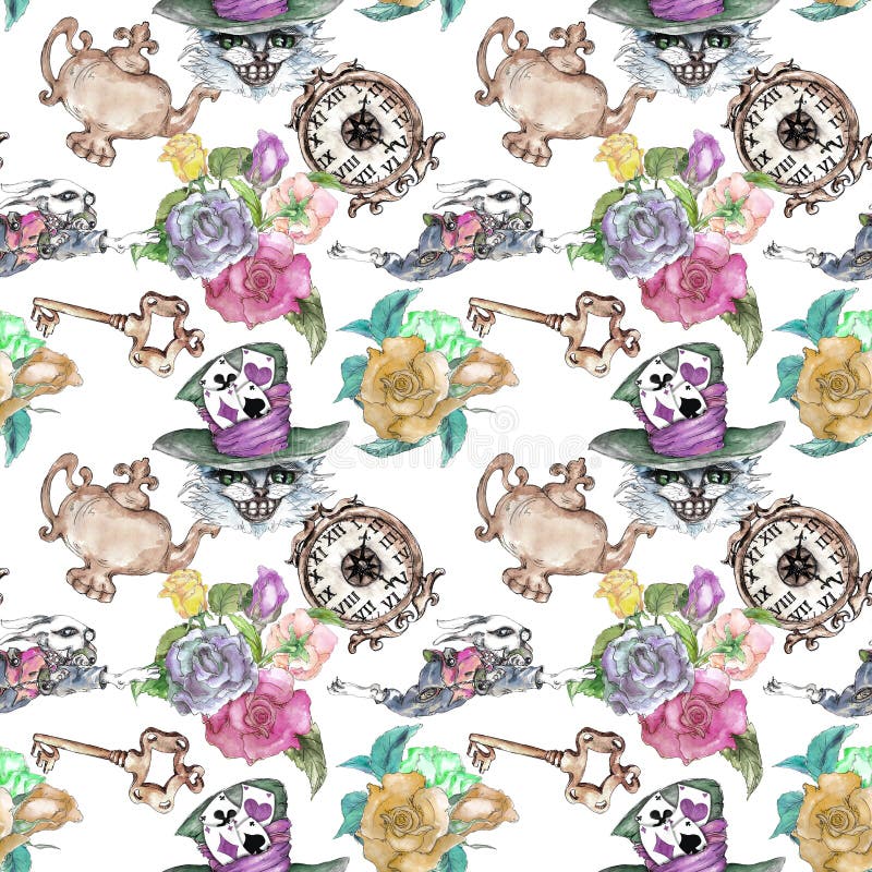 Alice in Wonderland cute bunny and Cheshire cat watercolor objects set seamless pattern