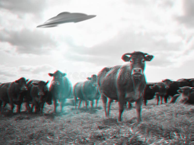 Alien abduction, spaceship and UFO with cow in field for fantasy, science fiction and space invasion. Extraterrestrial, travel and flying saucer beam on cattle farm for discovery, explore and mystery.