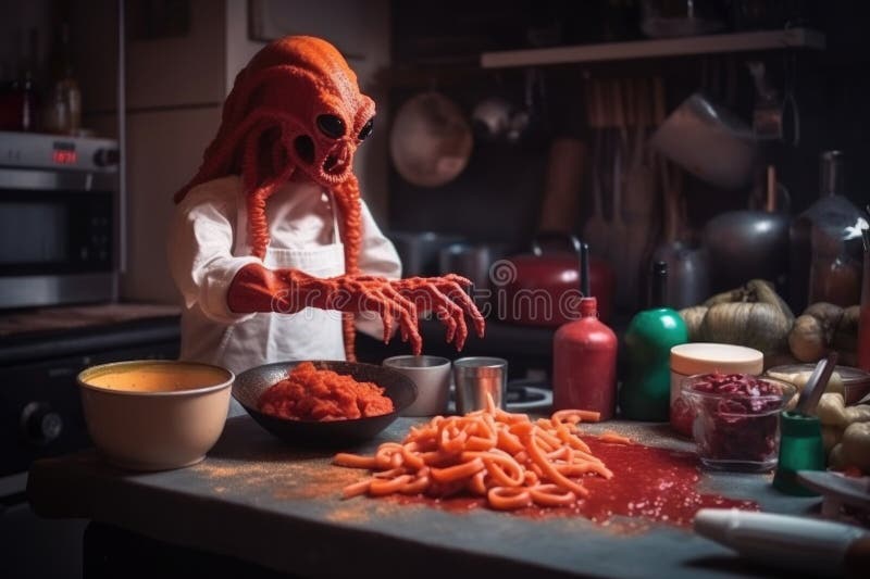 Alien chef, preparing pasta with red sauce and cheese for dinner royalty free illustration