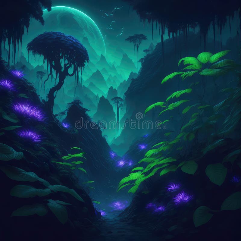 Alien Dark Rainforest With Glowing Neon Lights Plants And Flowers Fantasy Mist And Clouds Night Mountain Generative Ai