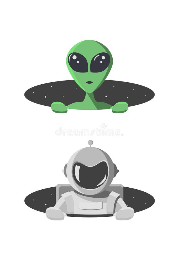 Alien E Cosmonauta Olha Para Nós Através Do Buraco Redondo Do Espaço Com  Estrelas. Extraterrestre E Astronauta Em Estilo De Desenho Animado Plano  Para T-shirt, Impressão Ou Têxtil. Ilustração Vetorial Com Espaço