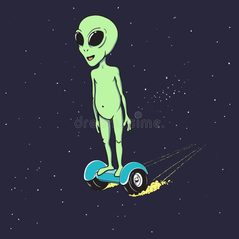 Alien flies on gyro scooter royalty free illustration