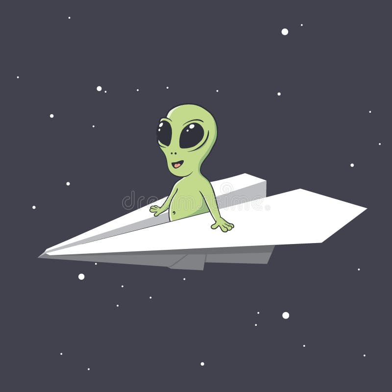 An alien flies on a paper airplane stock illustration