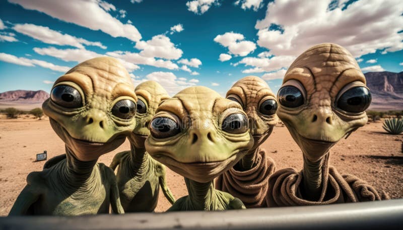 Alien Invasion. Selfie: Group of Area 51 Extraterrestrials in a Fun Pose. Generative ai illustration