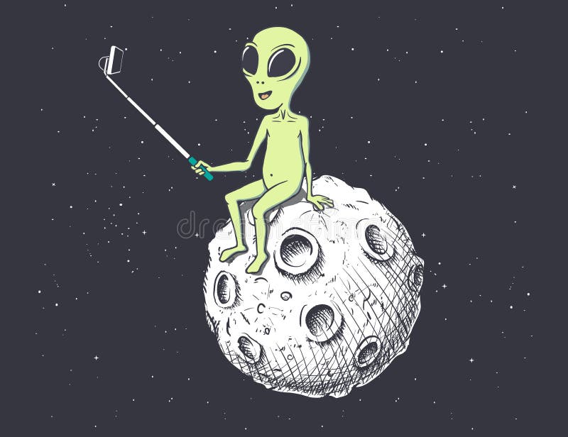 Alien makes selfie on Moon vector illustration