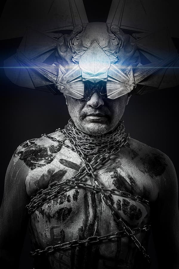 Alien, man chained with fantasy mask royalty free stock image Alien, man chained with fantasy mask royalty free stock image