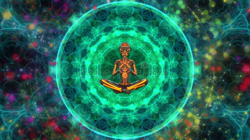 Alien meditating or doing yoga om a psychedelic background vector illustration