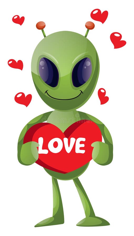 Alien bonito segurando coração de amor no vetor de desenho animado