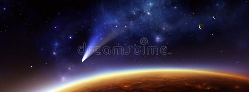 Ilustraciones de extranjero planeta en espacio más alto su oscuridad zona dos meses a cometa.