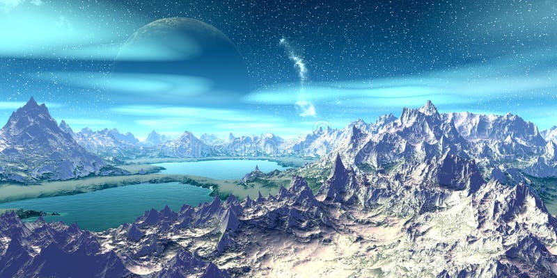 Alien Planet. Mountain and lake. 3D rendering