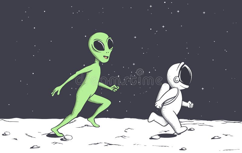 Alien plays with astronaut stock illustration