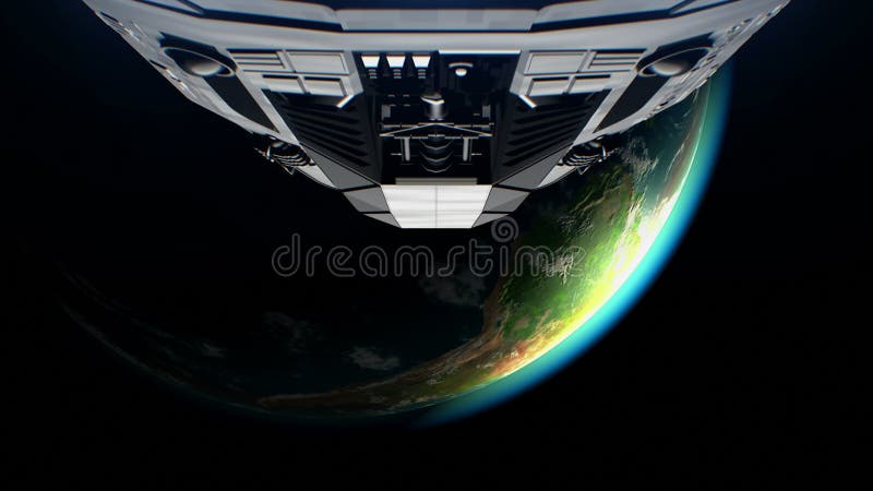 Crescent Earth on background, extraterrestrial sci-fi spaceship approaching to Planet. Powerful engines pulsate and