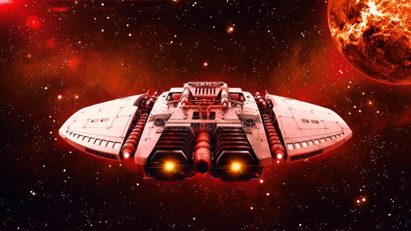Alien spaceship in deep space, UFO spacecraft flying in the Universe with planet and stars in the background, back view, 3D render stock illustration Alien spaceship in deep space, UFO spacecraft flying in the Universe with planet and stars in the background, back view, 3D render stock illustration