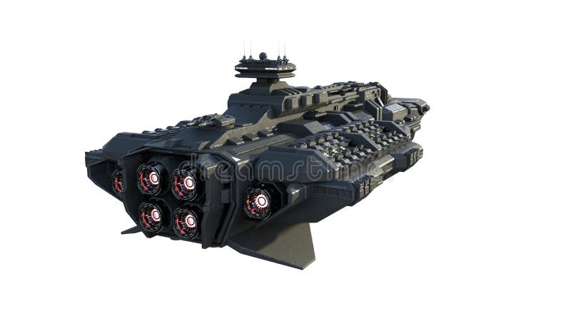 Alien spaceship in flight, UFO spacecraft isolated on white background, rear view, 3D rendering vector illustration