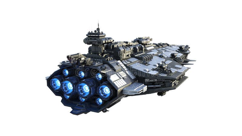 Alien spaceship flying, UFO spacecraft in flight isolated on white background, rear view, 3D render royalty free illustration