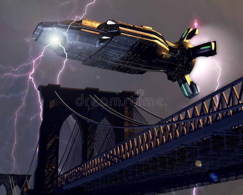 Alien spaceship over the city royalty free illustration