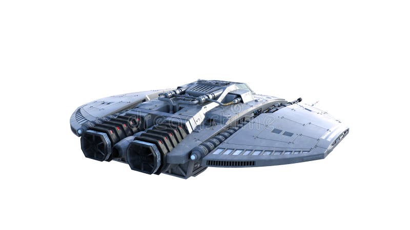 Alien spaceship, UFO spacecraft in flight isolated on white background, rear view, 3D rendering stock illustration