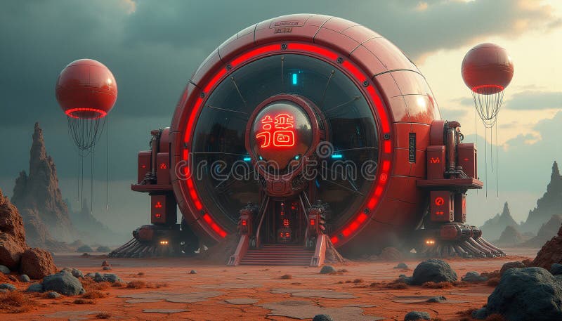 Alien Structure on Mars Landscape stock photo