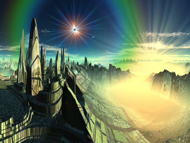 A stunningly beautiful metropolis built of emerald glass clings to the sides of the canyons and perches high on the mountain tops of this alien world. A stunningly beautiful metropolis built of emerald glass clings to the sides of the canyons and perches high on the mountain tops of this alien world.