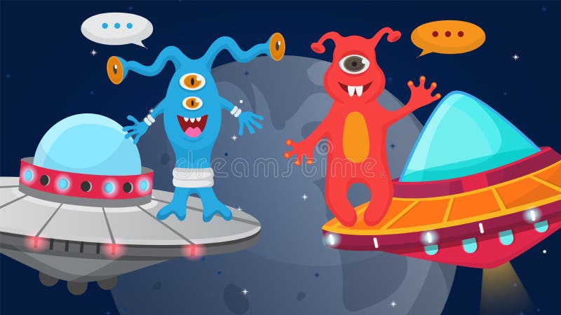 Aliens cartoon happy monsters flying in space in ships vector illustration. Cute monstrous characters in cosmos kids stock illustration Aliens cartoon happy monsters flying in space in ships vector illustration. Cute monstrous characters in cosmos kids stock illustration