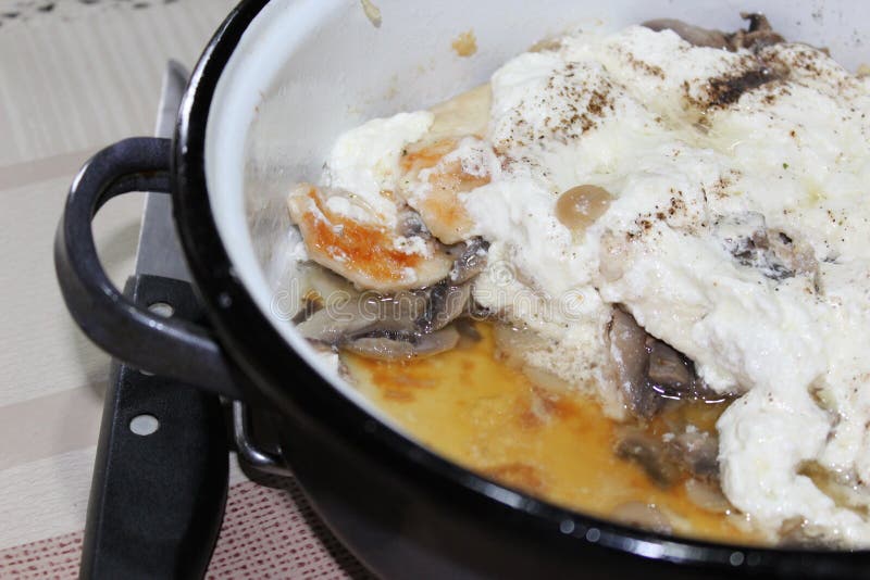 Alimenti cucinati con i funghi al forno, il pollo e la panna acida fotografia stock libera da diritti Alimenti cucinati con i funghi al forno, il pollo e la panna acida fotografia stock libera da diritti