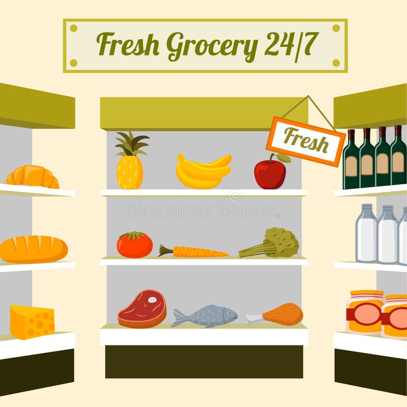 Alimenti freschi della drogheria sugli scaffali di negozio illustrazione di stock Alimenti freschi della drogheria sugli scaffali di negozio illustrazione di stock