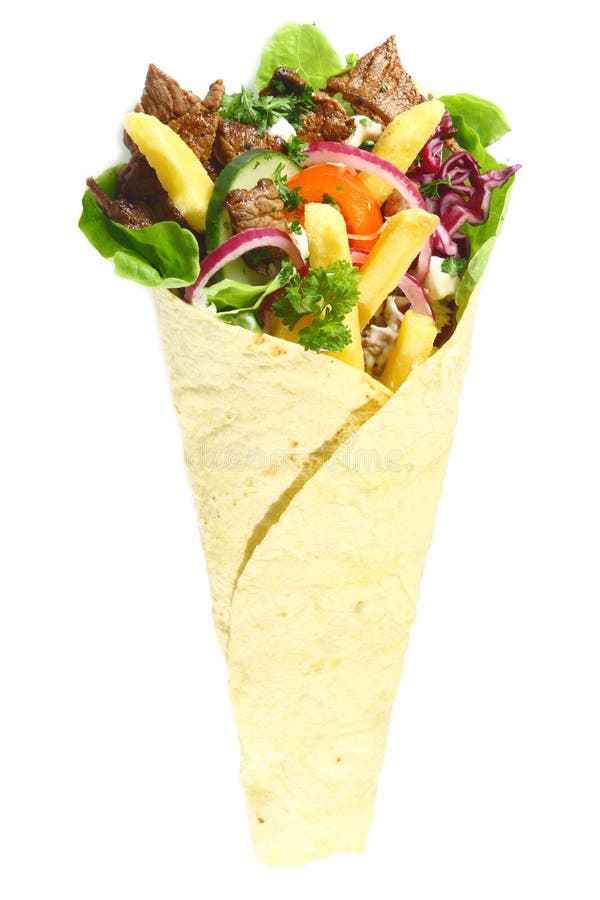 Alimenti a rapida preparazione arabi con carne avvolta in un pane della pita immagine stock libera da diritti Alimenti a rapida preparazione arabi con carne avvolta in un pane della pita immagine stock libera da diritti