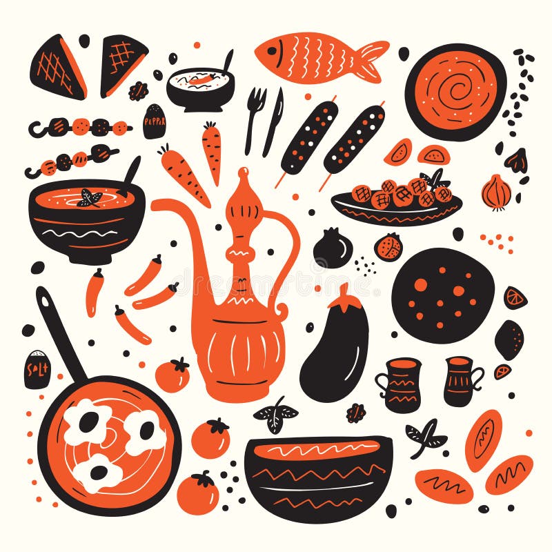 Alimento del Medio-Oriente Metta dell'illustrazione disegnata a mano dei piatti del Medio-Oriente di tradishional differente fatt