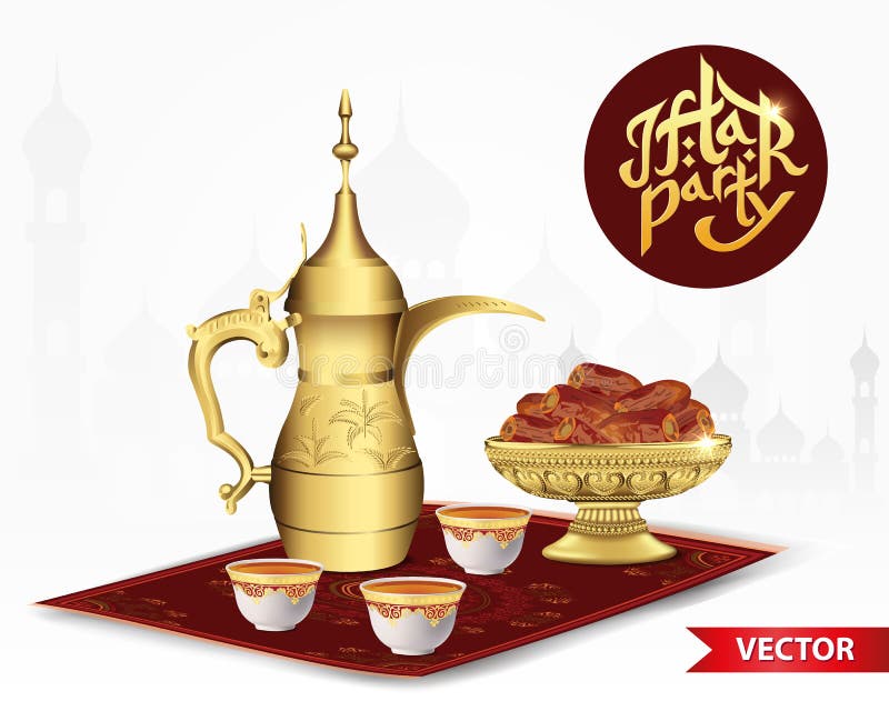 Alimento del partito di Iftar con la teiera e la tazza arabe classiche, ciotola di date su fondo bianco illustrazione di vettore. Vector l'illustrazione della teiera e della tazza arabe classiche, ciotola di date su fondo bianco per l'invito del partito iftar